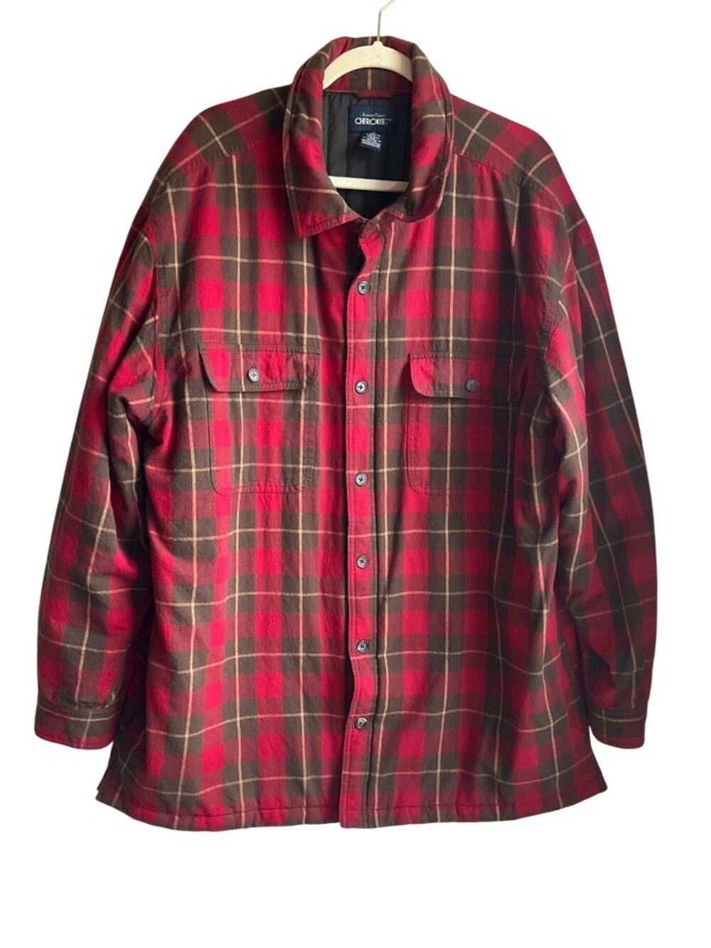 VTG Cherokee Men XL Brown Red Plaid Quilted Flannel Shirt Jacket Shacket Cotton